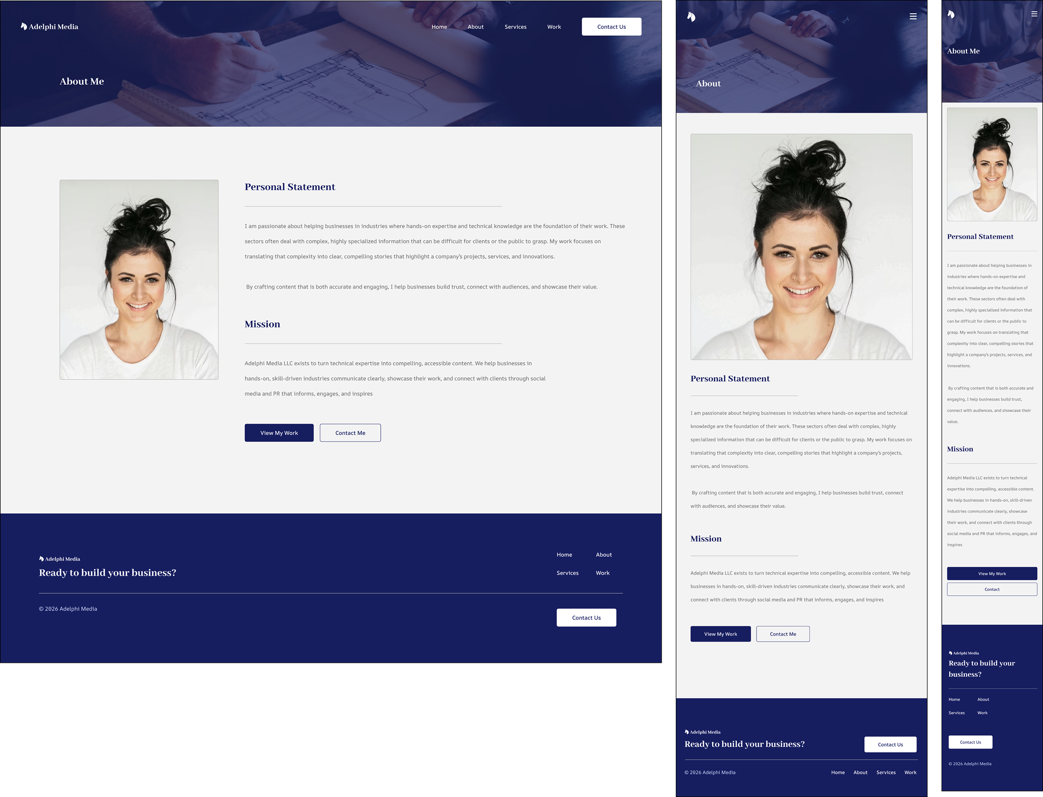 Adelphi Media about page desktop, tablet, and mobile mockups