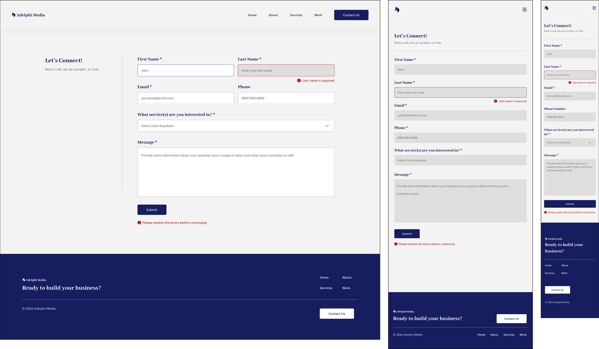Adelphi Media contact form desktop, tablet, and mobile mockups