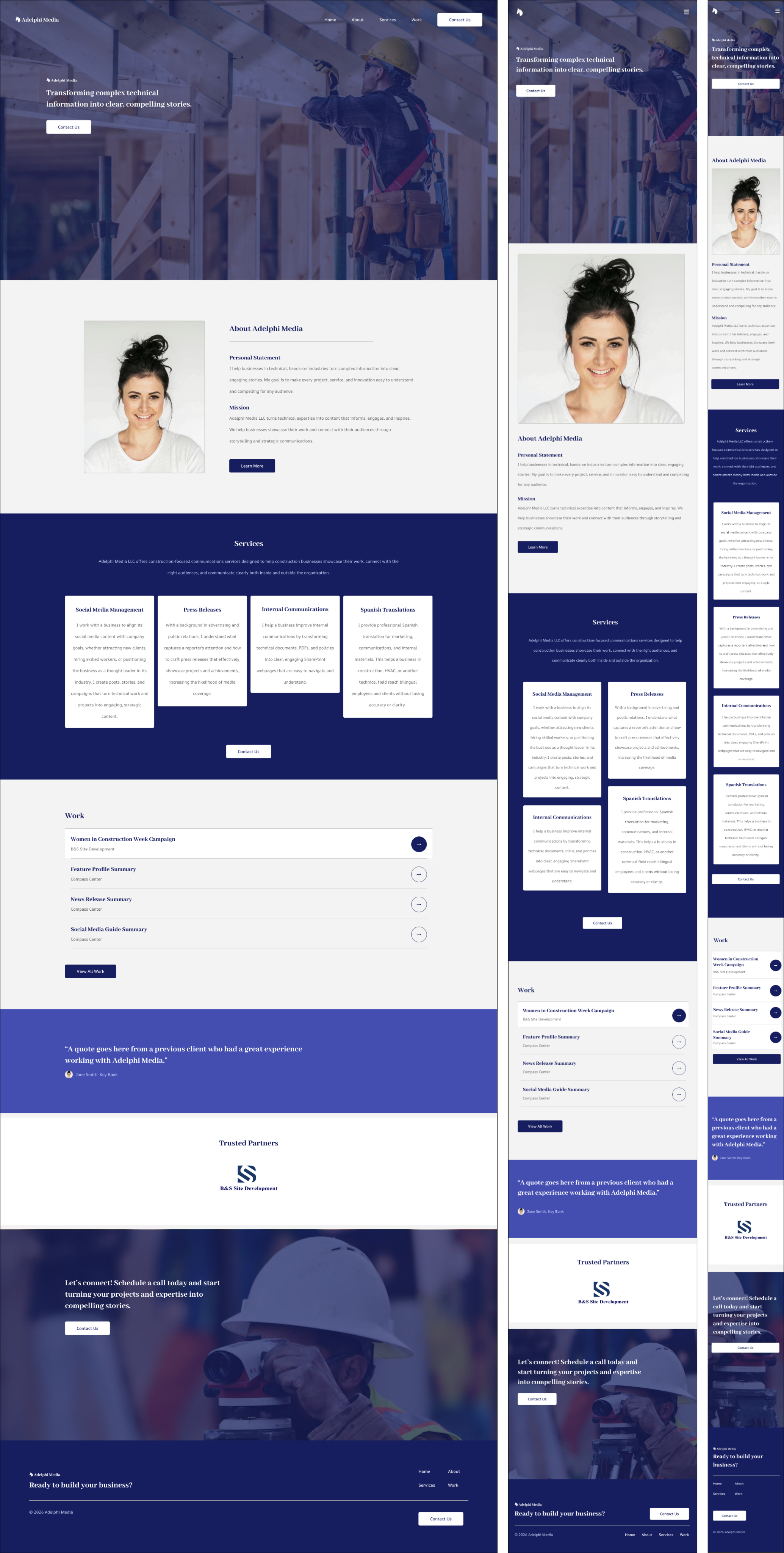 Adelphi Media home page desktop, tablet, and mobile mockups