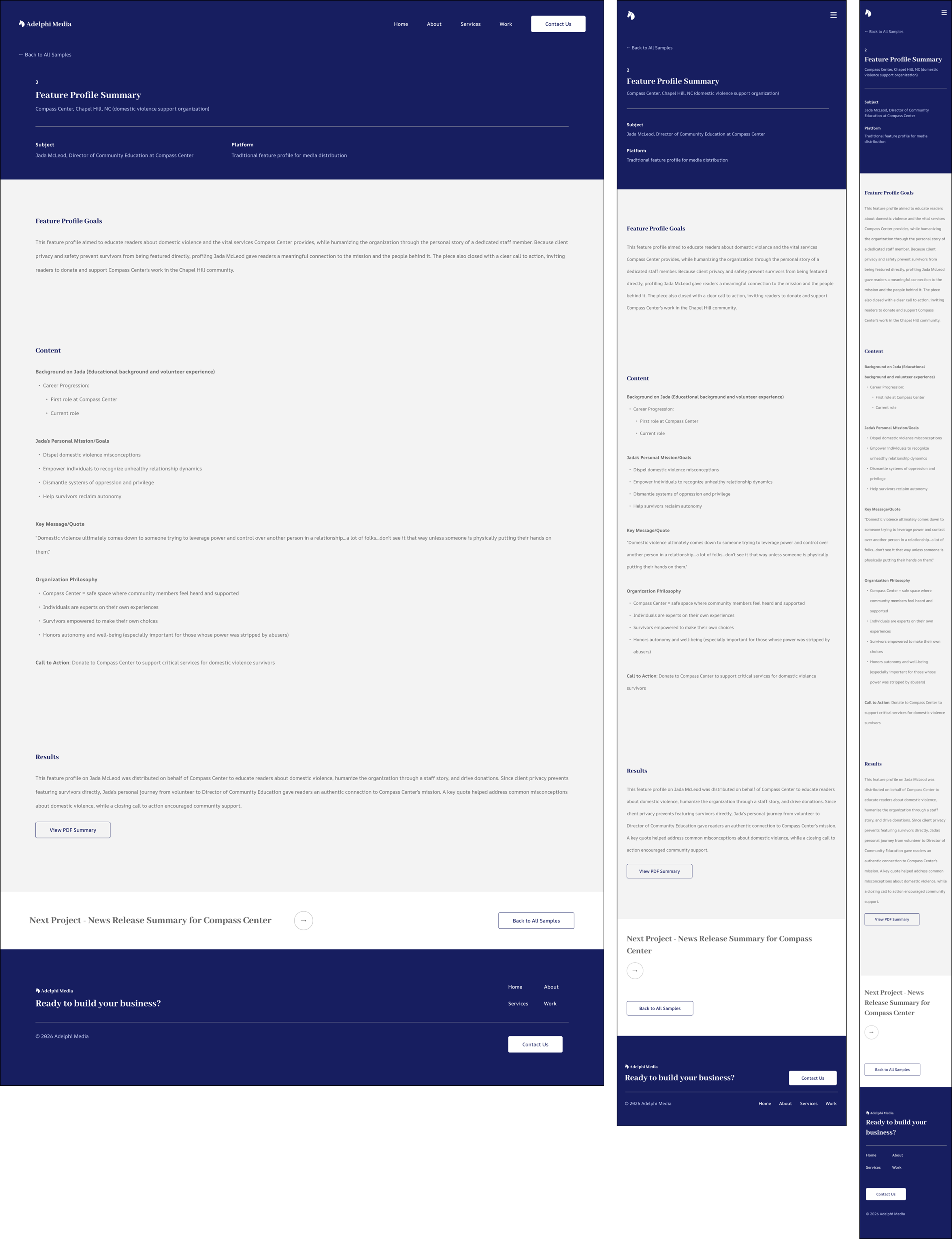 Adelphi Media individual case study desktop, tablet, and mobile mockups