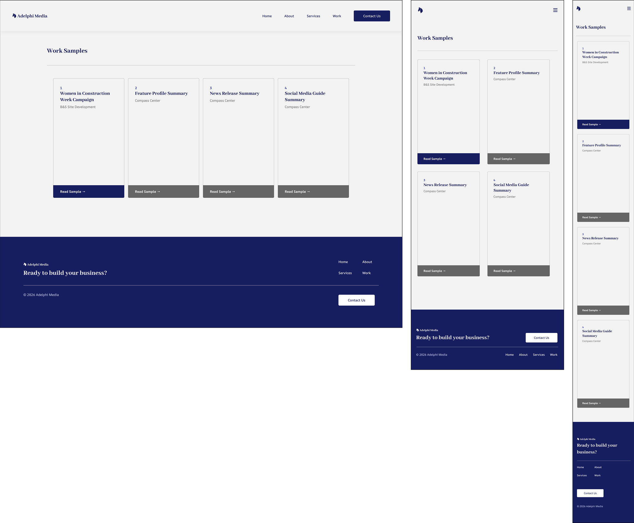 Adelphi Media work samples desktop, tablet, and mobile mockups